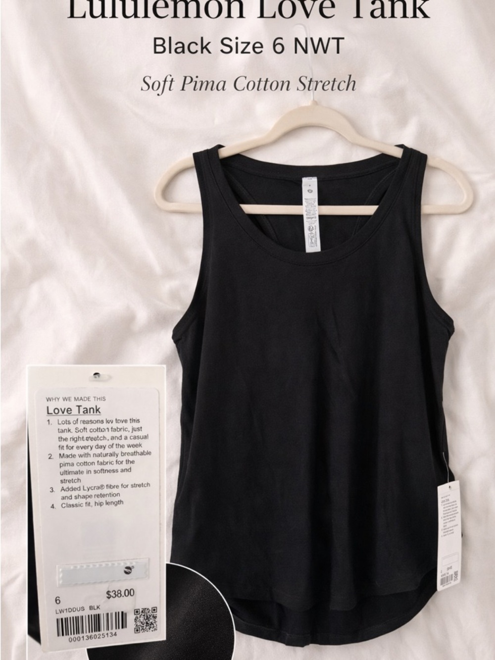 Lululemon Love Tank Black Size 6 NWT Soft Pima Cotton Stretch